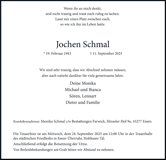 Traueranzeige von Jochen Schmal von Tageszeitung