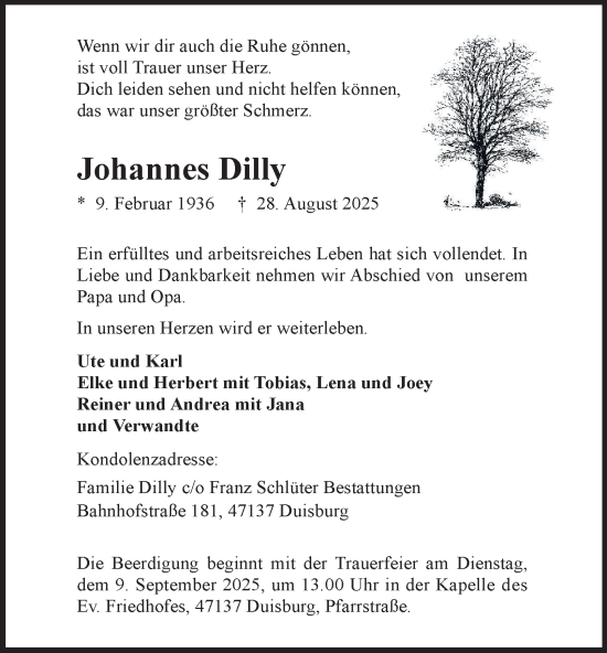 Traueranzeige von Johannes Dilly von Tageszeitung