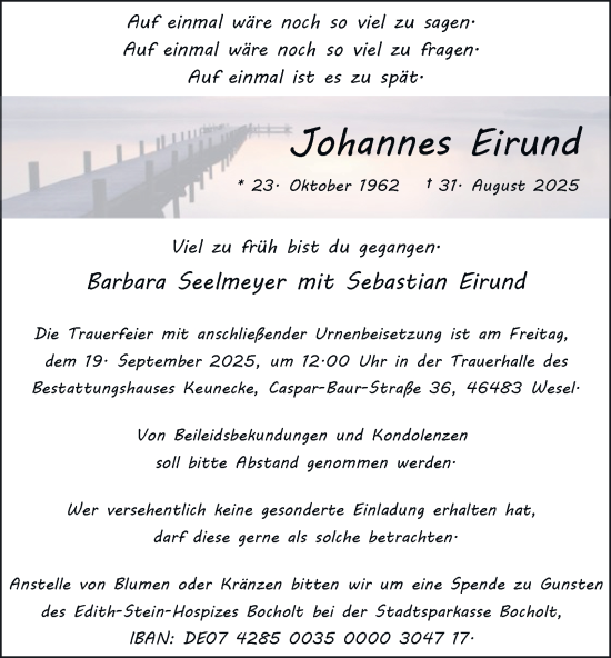 Traueranzeige von Johannes Eirund von Tageszeitung