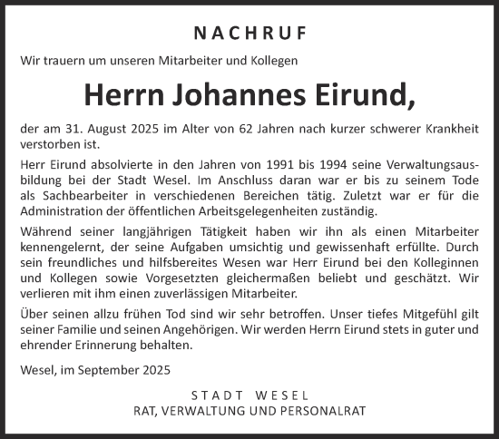 Traueranzeige von Johannes Eirund von Tageszeitung