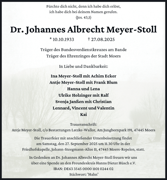 Traueranzeige von Johannes Albrecht Meyer-Stoll von Tageszeitung