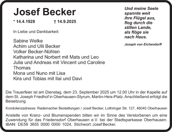 Traueranzeige von Josef Becker von Tageszeitung