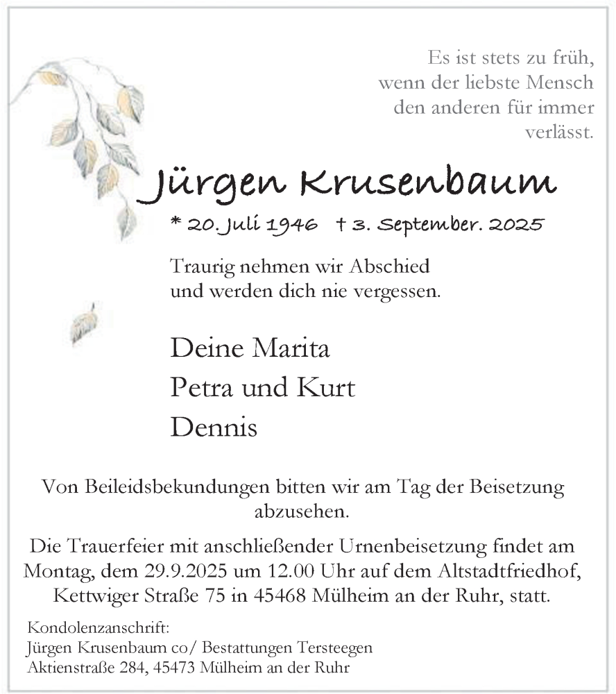  Traueranzeige für Jürgen Krusenbaum vom 24.09.2025 aus Tageszeitung