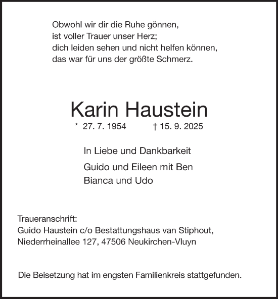 Traueranzeige von Karin Haustein von Tageszeitung