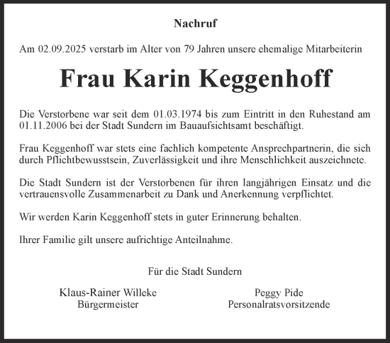 Traueranzeige von Karin Keggenhoff von Tageszeitung