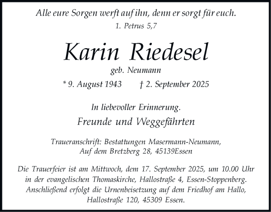 Traueranzeige von Karin Riedesel von Tageszeitung