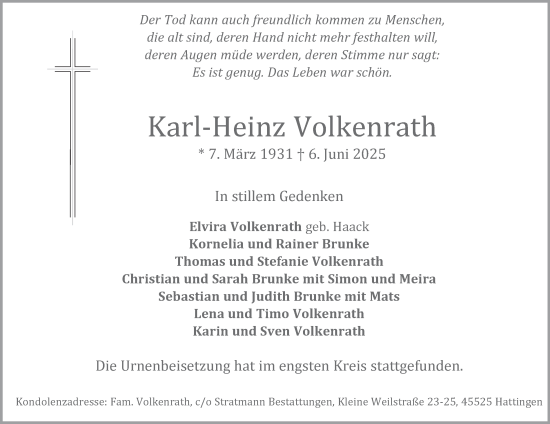 Traueranzeige von Karl-Heinz Volkenrath von Tageszeitung