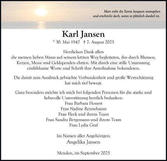 Traueranzeige von Karl Jansen von Tageszeitung