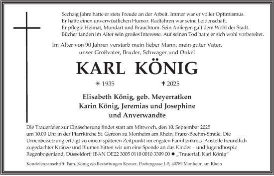 Traueranzeige von Karl König von Tageszeitung