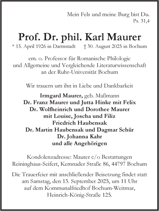 Traueranzeige von Karl Maurer von Tageszeitung