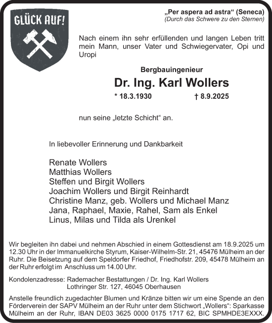 Traueranzeige von Karl Wollers von Tageszeitung