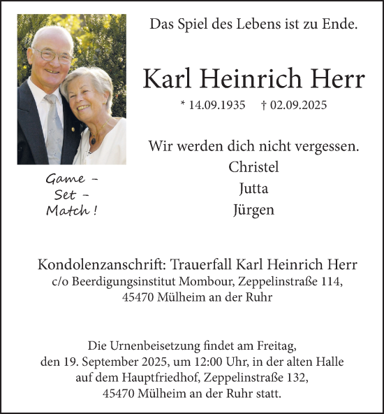 Traueranzeige von Karl Heinrich Herr von Tageszeitung
