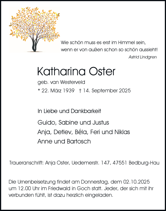 Traueranzeige von Katharina Oster von Tageszeitung