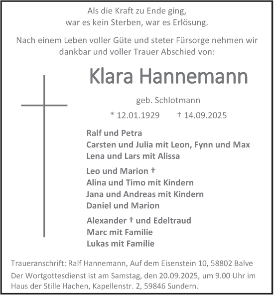 Traueranzeige von Klara Hannemann von Tageszeitung