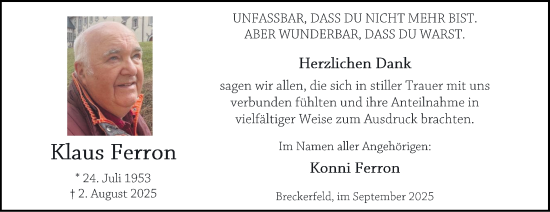 Traueranzeige von Klaus Ferron von Tageszeitung
