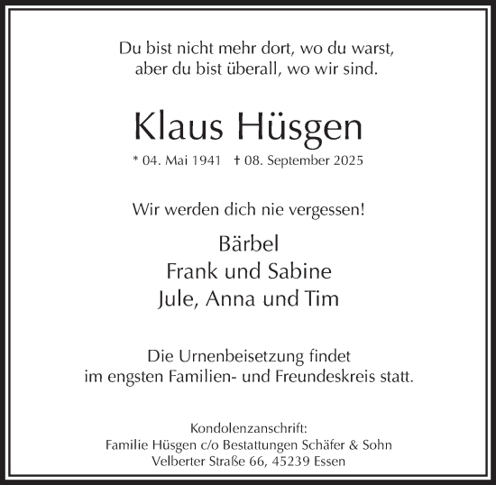 Traueranzeige von Klaus Hüsgen von Tageszeitung
