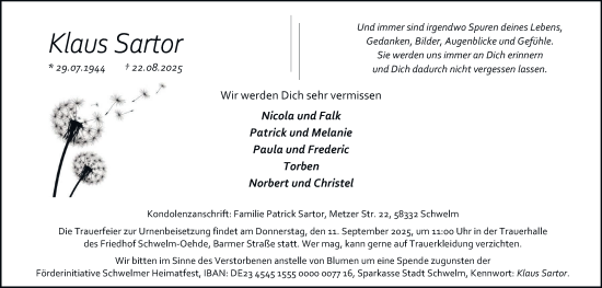Traueranzeige von Klaus Sartor von Tageszeitung