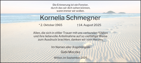 Traueranzeige von Kornelia Schmegner von Tageszeitung