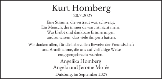 Traueranzeige von Kurt Homberg von Tageszeitung