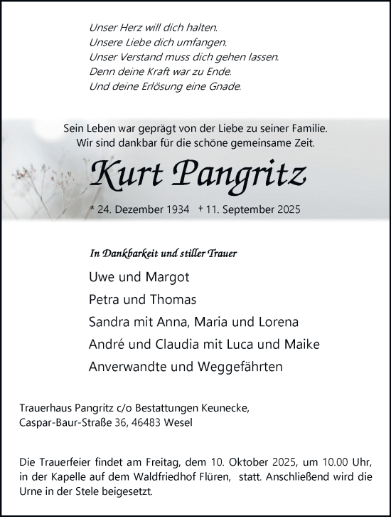 Traueranzeige von Kurt Pangritz von Tageszeitung