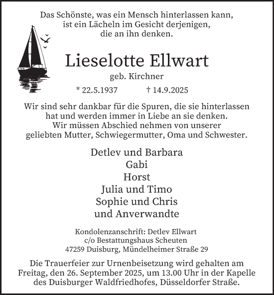 Traueranzeige von Lieselotte Ellwart von Tageszeitung