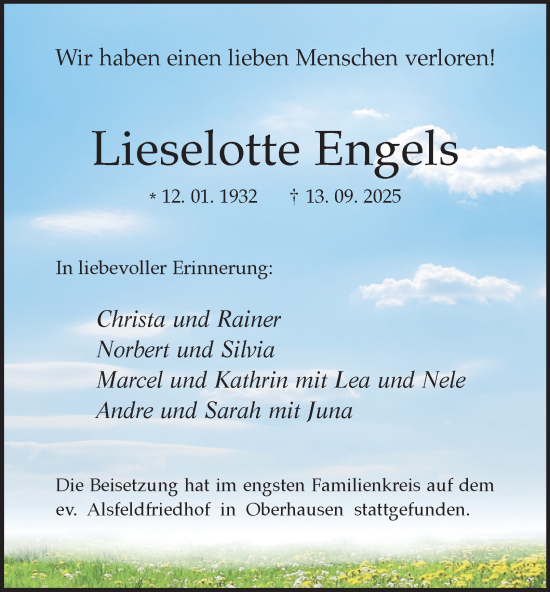 Traueranzeige von Lieselotte Engels von Tageszeitung