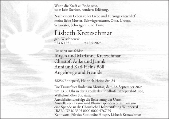 Traueranzeige von Lisbeth Kretzschmar von Tageszeitung