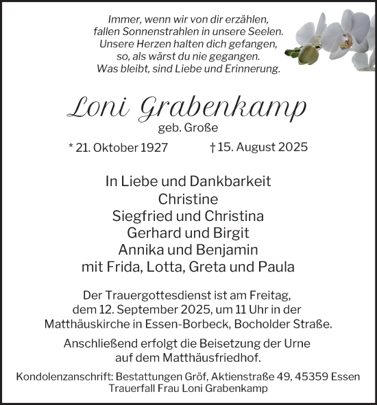 Traueranzeige von Loni Grabenkamp von Tageszeitung