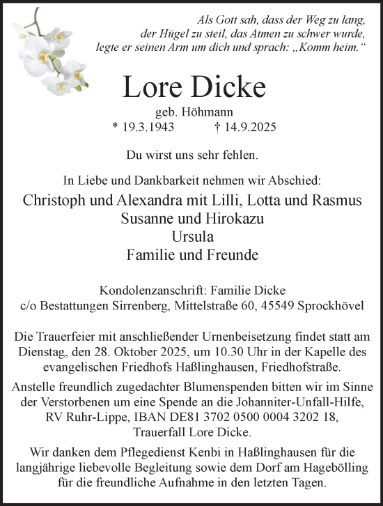 Traueranzeige von Lore Dicke von Tageszeitung