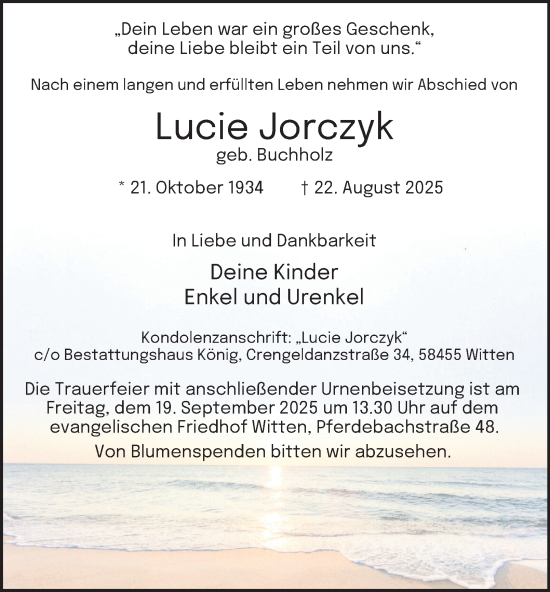 Traueranzeige von Lucie Jorczyk von Tageszeitung