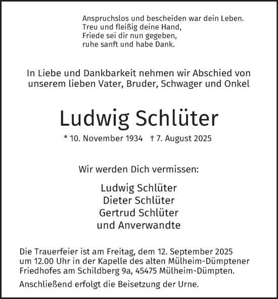 Traueranzeige von Ludwig Schlüter von Tageszeitung