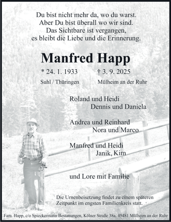 Traueranzeige von Manfred Happ von Tageszeitung
