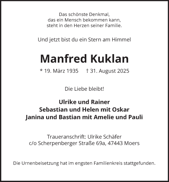 Traueranzeige von Manfred Kuklan von Tageszeitung