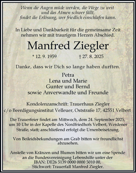 Traueranzeige von Manfred Ziegler von Tageszeitung