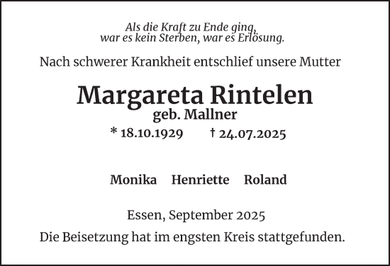 Traueranzeige von Margareta Rintelen von Tageszeitung