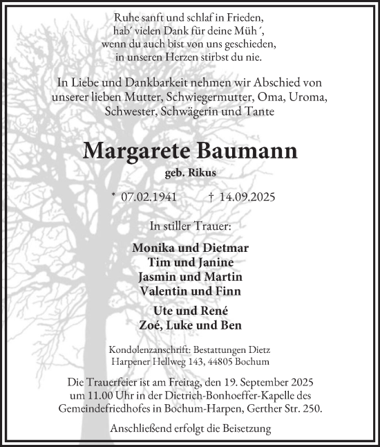Traueranzeige von Margarete Baumann von Tageszeitung