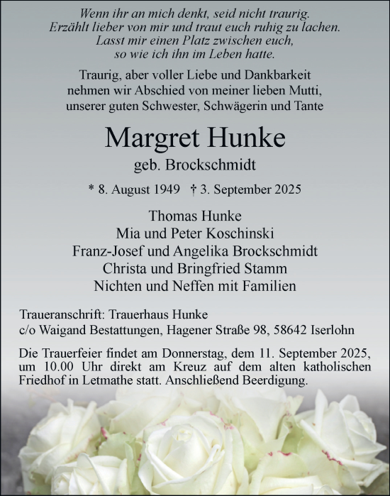 Traueranzeige von Margret Hunke von Tageszeitung