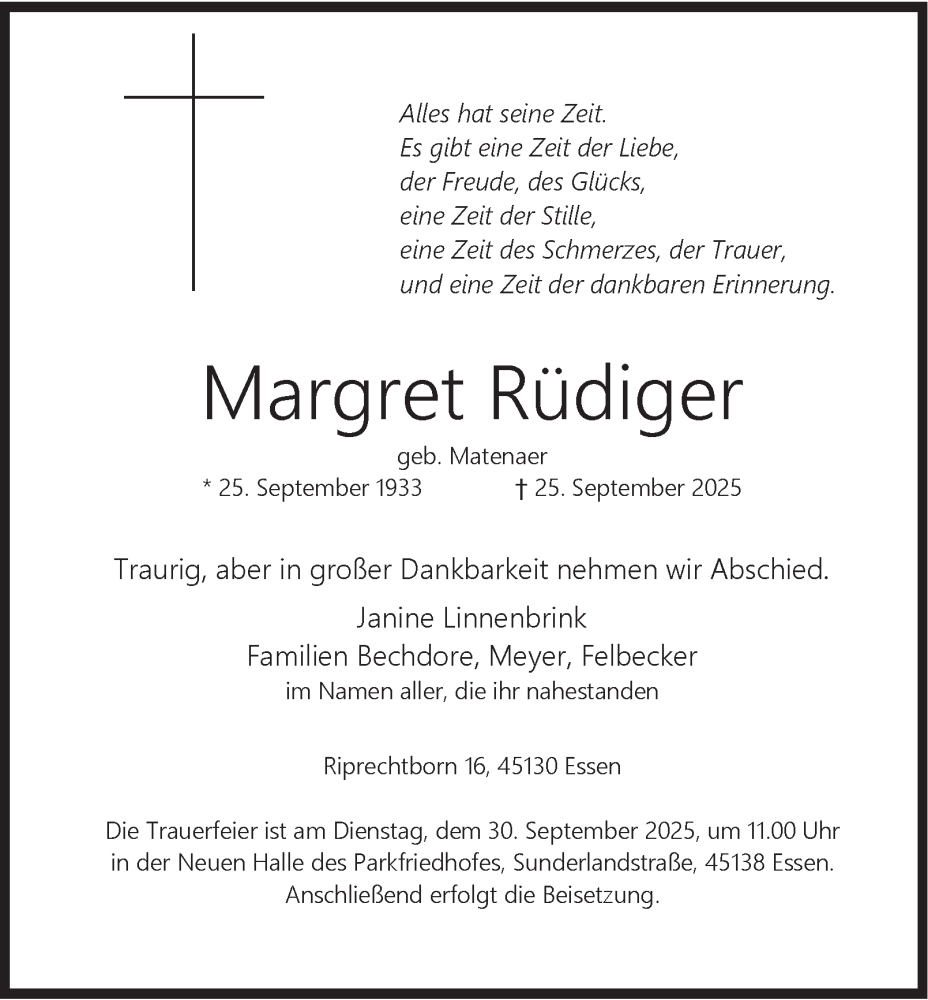  Traueranzeige für Margret Rüdiger vom 27.09.2025 aus Tageszeitung