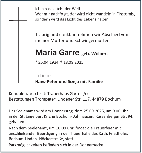 Traueranzeige von Maria Garre von Tageszeitung