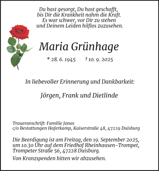 Traueranzeige von Maria Grünhage von Tageszeitung