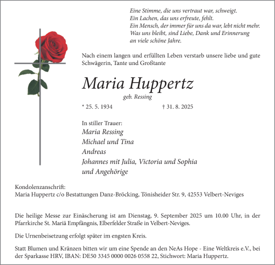 Traueranzeige von Maria Huppertz von Tageszeitung