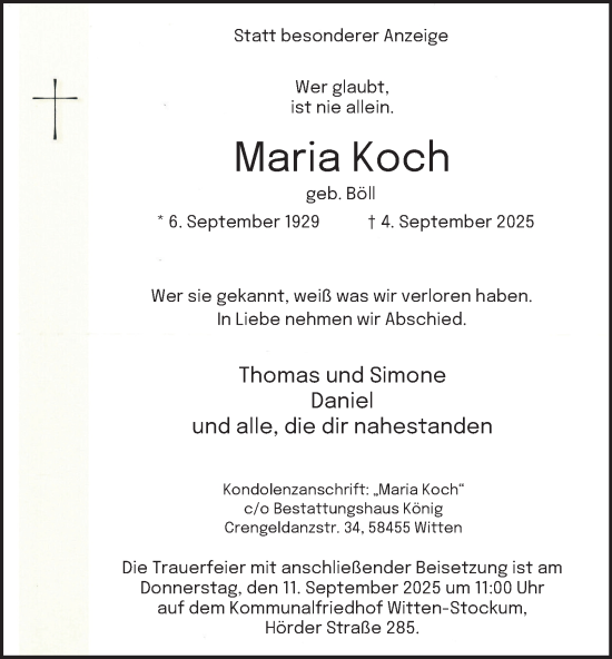 Traueranzeige von Maria Koch von Tageszeitung