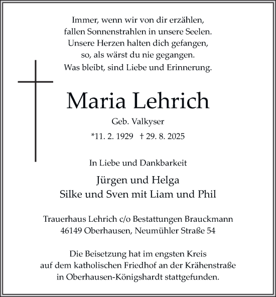 Traueranzeige von Maria Lehrich von Tageszeitung