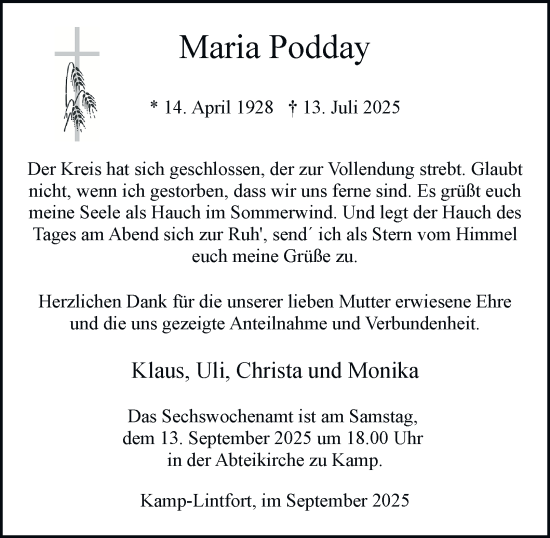 Traueranzeige von Maria Podday von Tageszeitung