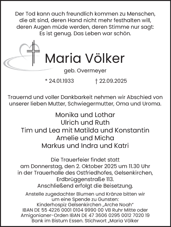 Traueranzeige von Maria Völker von Tageszeitung