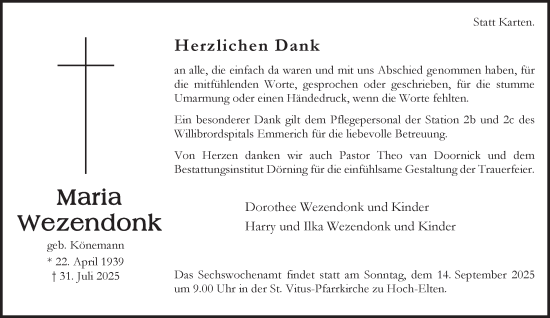 Traueranzeige von Maria Wezendonk von Tageszeitung