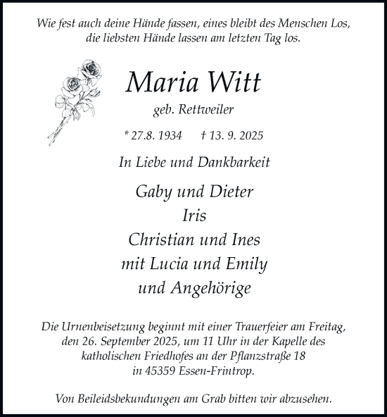 Traueranzeige von Maria Witt von Tageszeitung