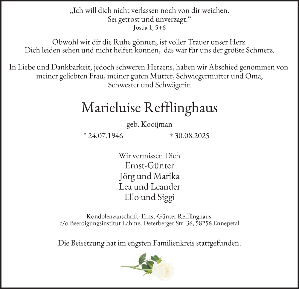  Traueranzeige für Marieluise Refflinghaus vom 27.09.2025 aus Tageszeitung