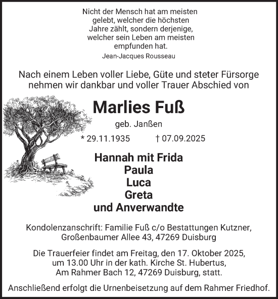 Traueranzeige von Marlies Fuß von Tageszeitung