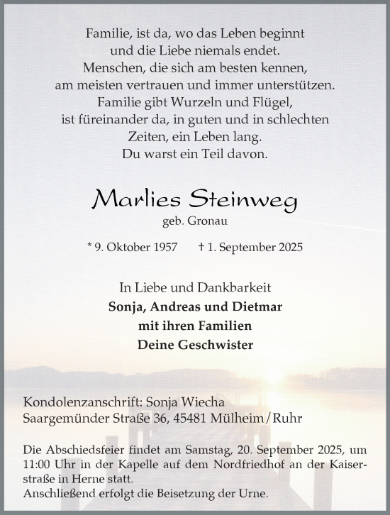 Traueranzeige von Marlies Steinweg von Tageszeitung